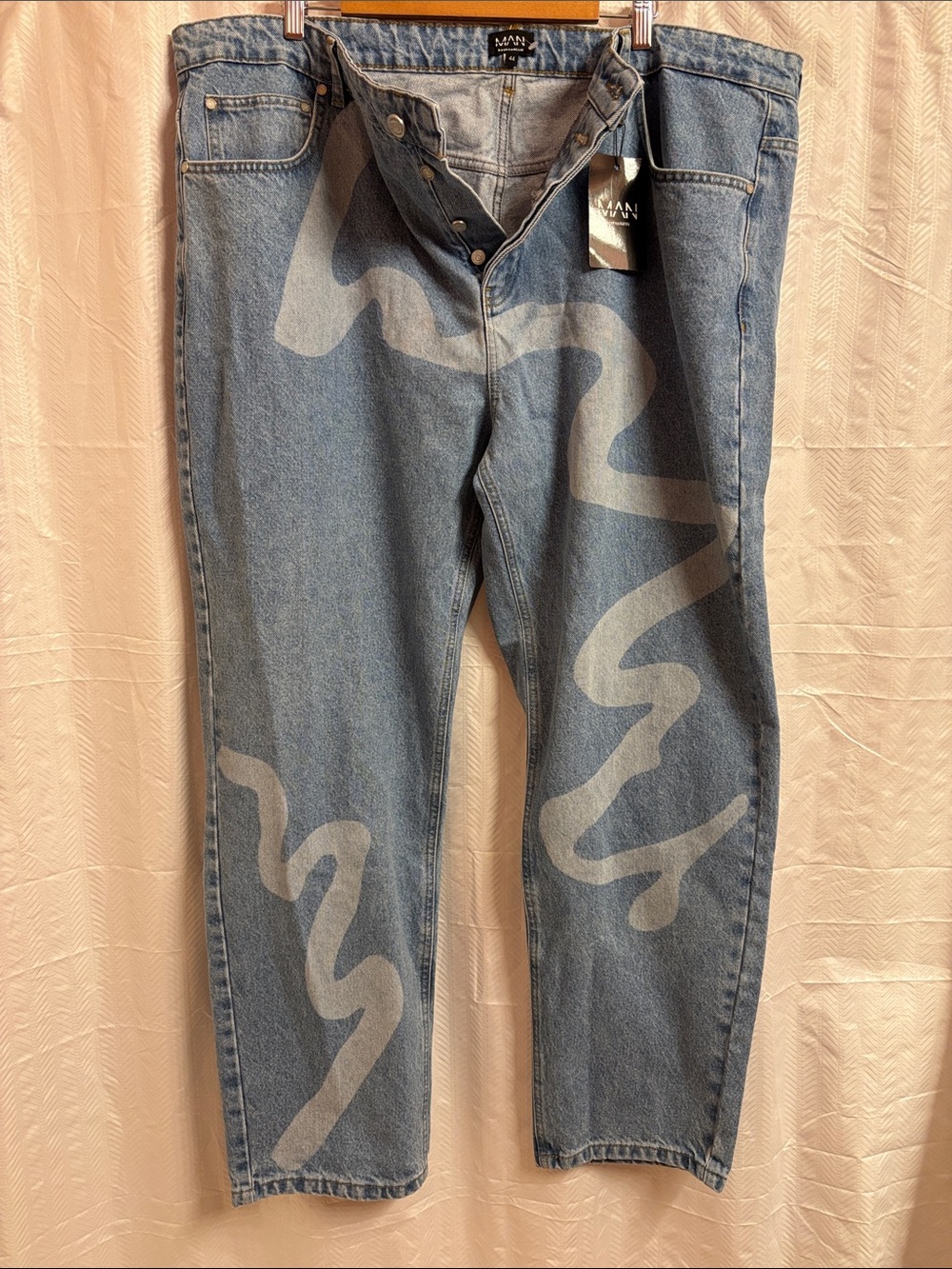Boohoo MAN Jeans Men's Sz 44 Light Blue Button-fly Straight Leg Abstract Print